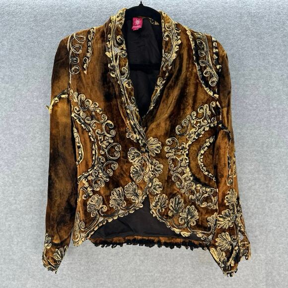 VTG Sandy Starkman Women's S Bronze Velvet Blazer Applique Baroque Bohemian RARE - Picture 2 of 11